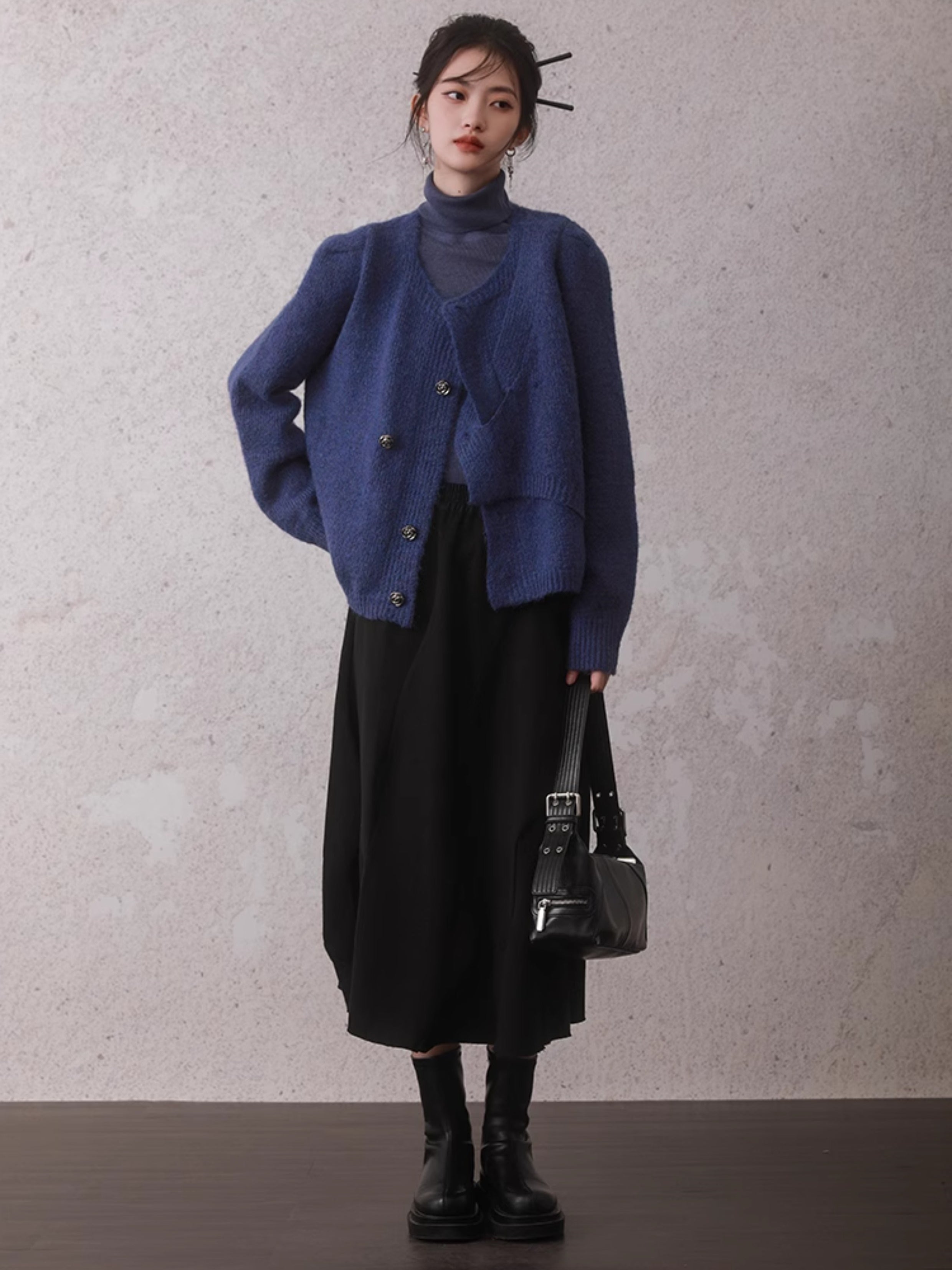 Irregular Button Round Neck Knitted Cardigan