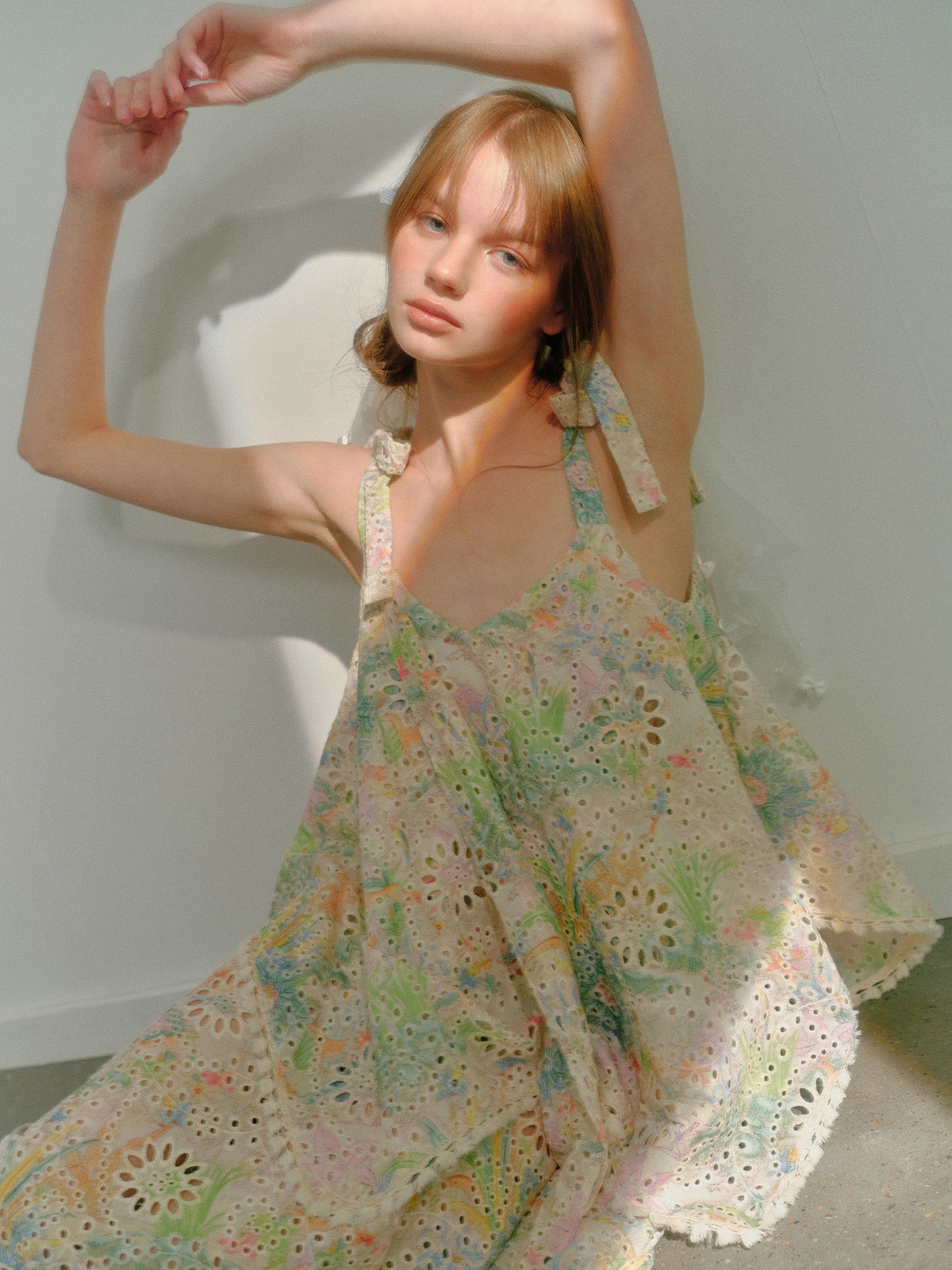 Colorful Print Cutwork Lace Loose Bow Dress