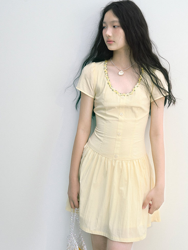 Flower Lace Stitch Wrinkled Short One-piece