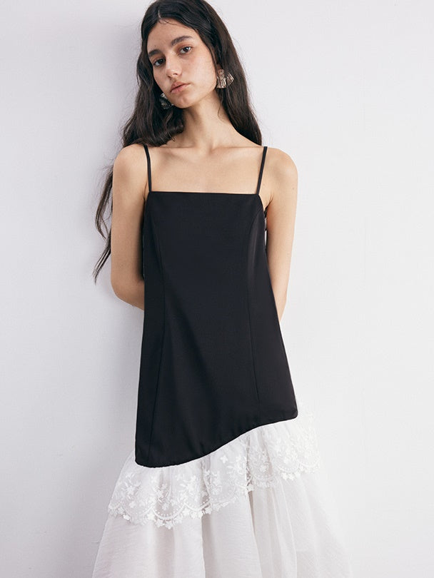 Curved Stitching Design Lace Trimmed Slip Dress