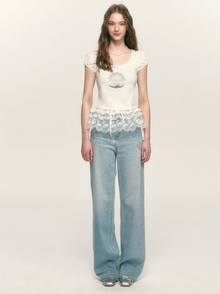 Embroidered Washed Distrssed Straight Loose Denim