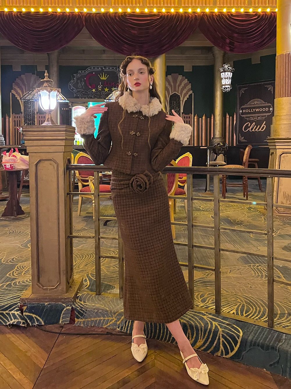 Tweed Style Fur Collar Jacket & Mermaid Skirt