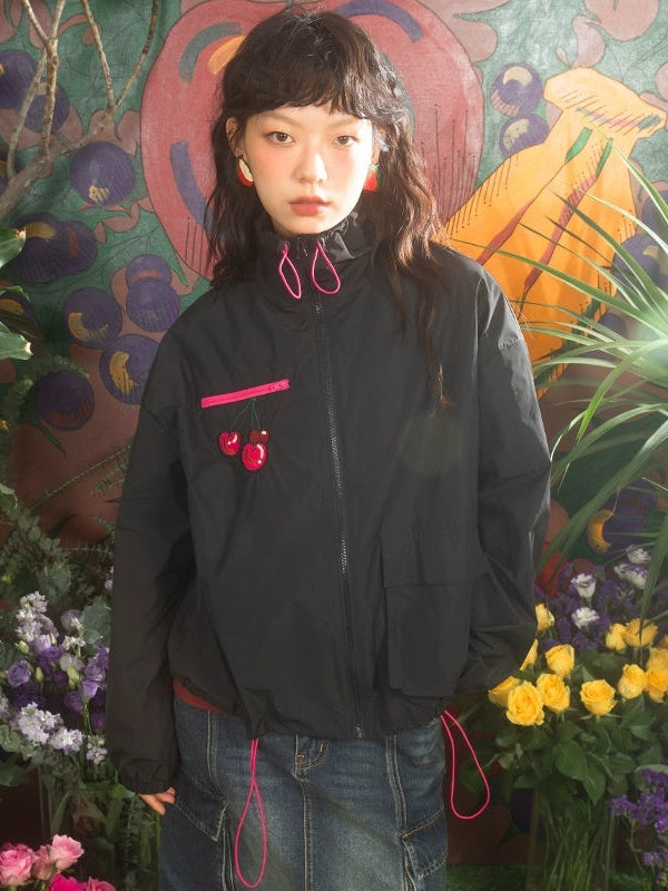 Cherry Embroidery Loose ZIPUp Jacket
