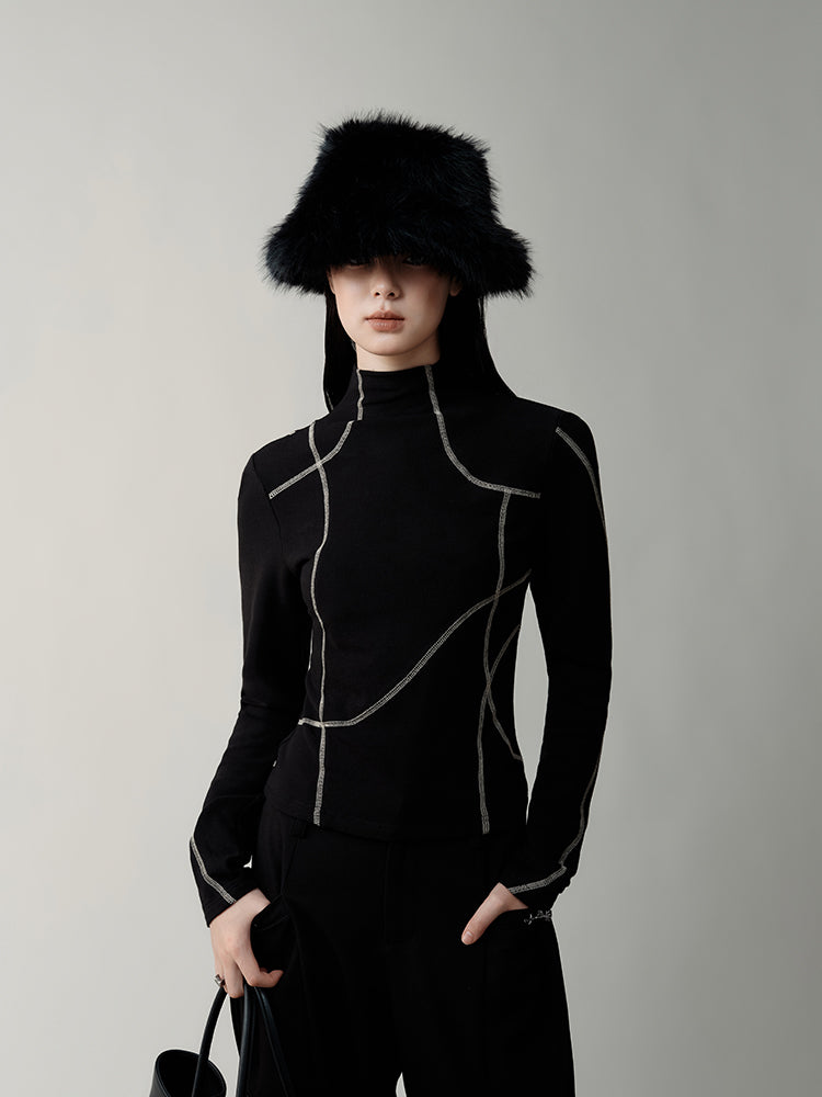 High Neck Asymmetric Contrast Color Line Cutsew