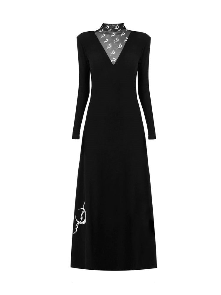 Mesh Splicing Shoulder Pad Bottle Neck Dress