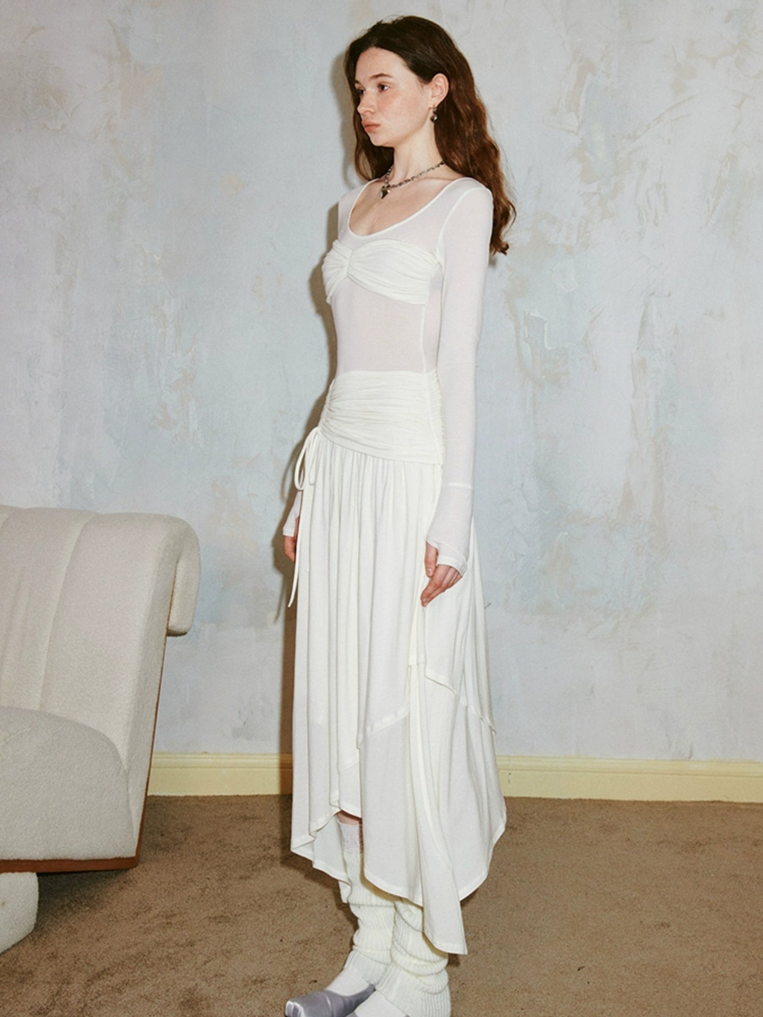 Classic Pleated Stitch Long-sleeved Sheer Dress
