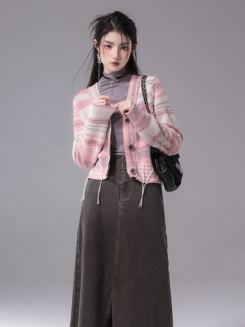 Raw Edge Denim Long Skirt