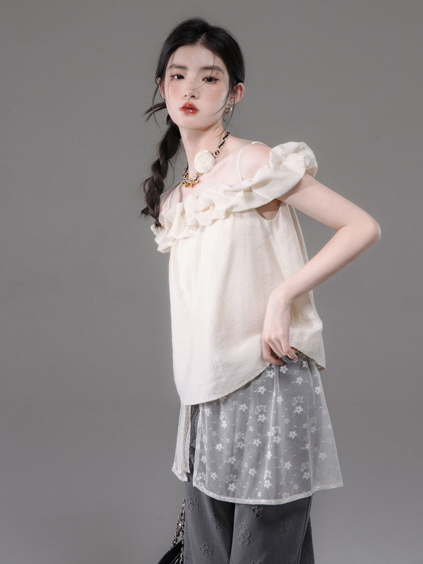 Flower Bud Off-shoulder Shirt & Lace Apron Set-up