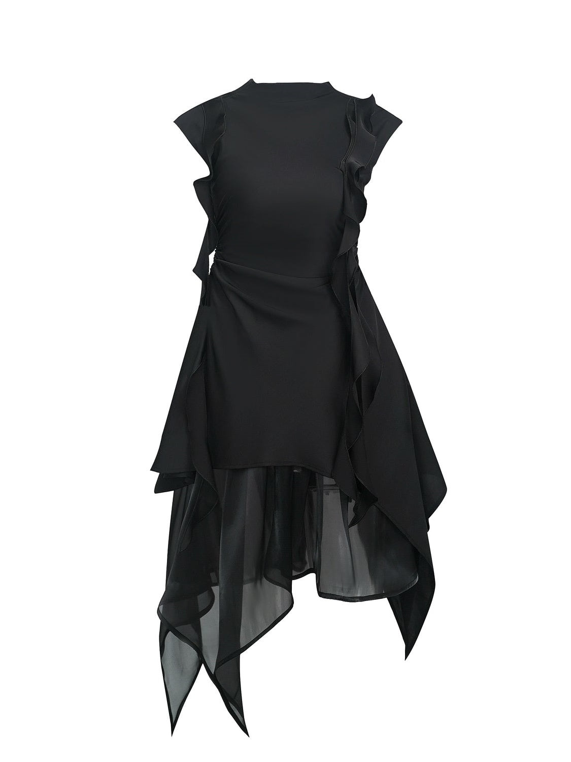 Backless Panelled Gauze Waist Streamers Irregular Midi Dress