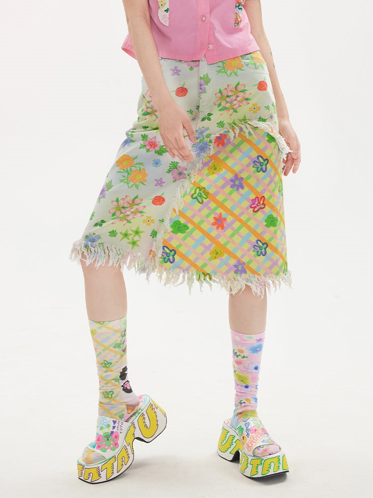 Nähte Blume Plaid A-Line-gedruckter Rock