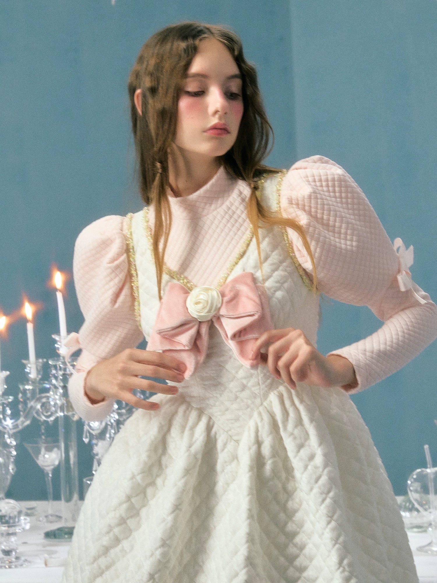 Lace Bow Flower Decoration Padded Suspender Dress & Puff Sleeve Top