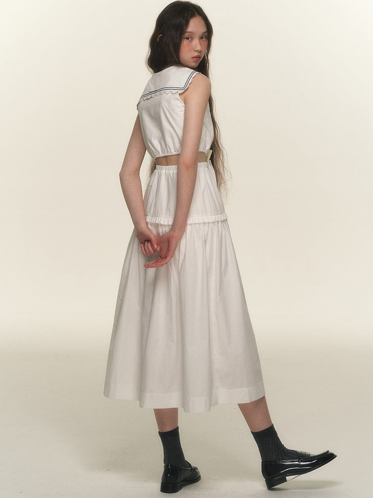 네이비 칼라 짧은 셔츠 및 전면 버튼 스커트