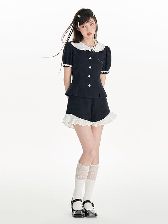 Doll Collar Puff Sleeves Small Fragrance Top & Frill Shorts