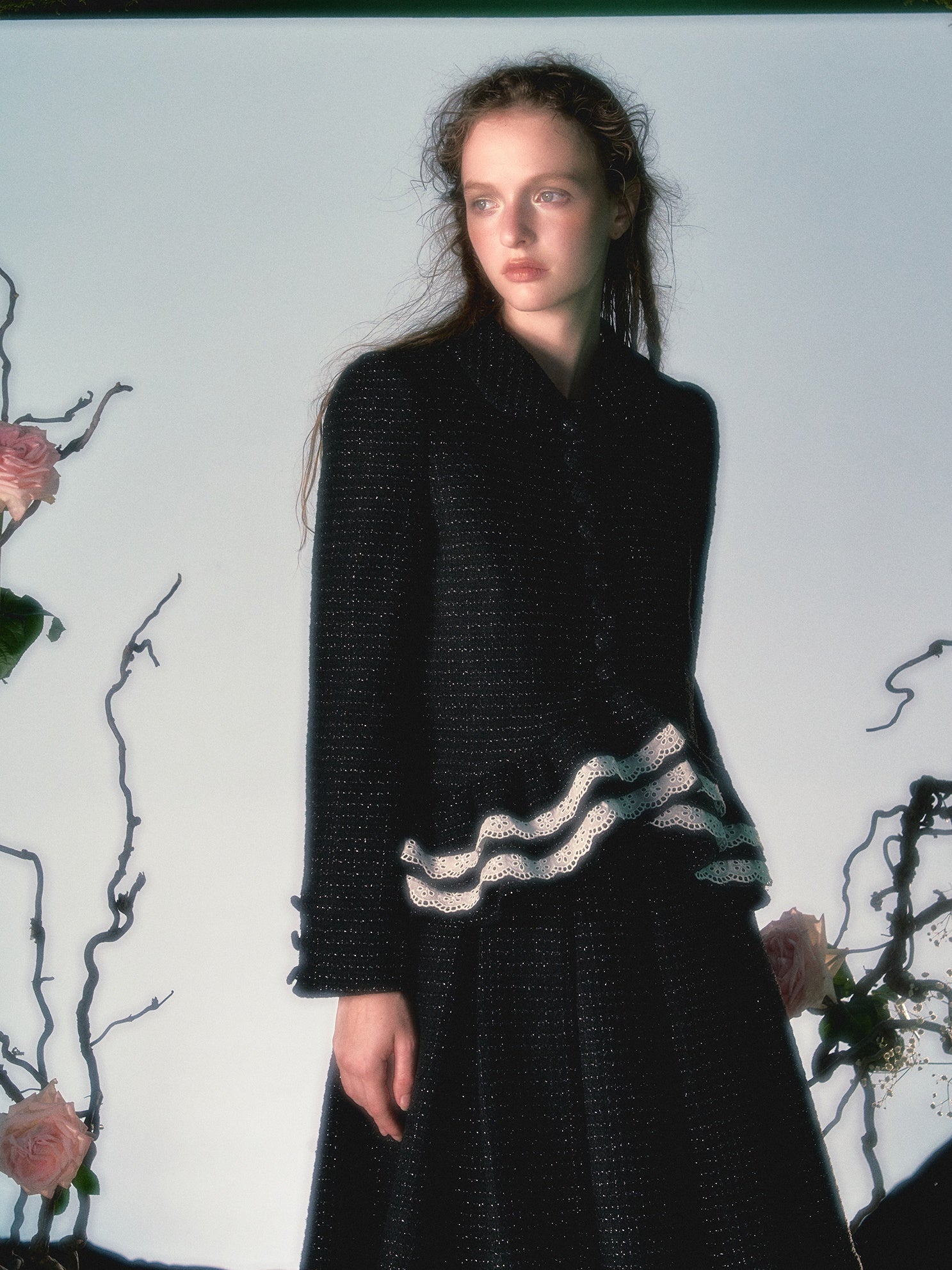 Irregular Lace Hem Jacket & Flare Pleated Skirt