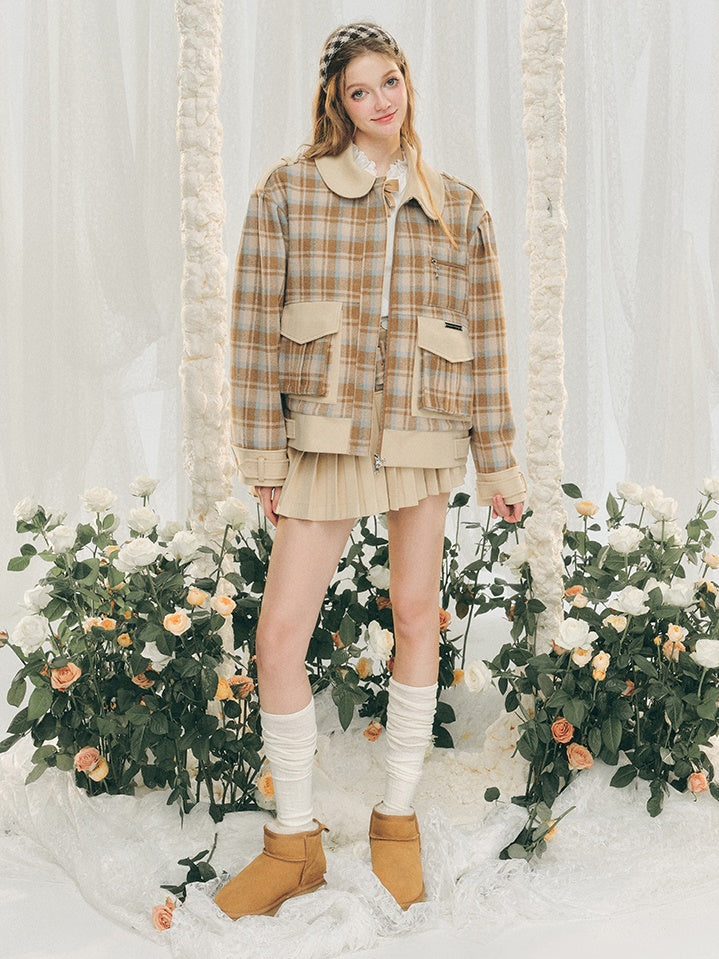 Plaid Round Collar Short Jacket & Mini Pleated Skirt