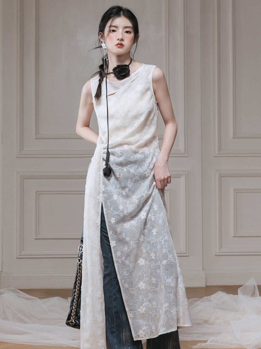 Flower Lace Sleeveless Slit Design Long Top