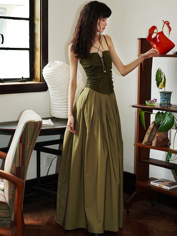 Polarized Faux Leather Hollow Suspender Long Dress