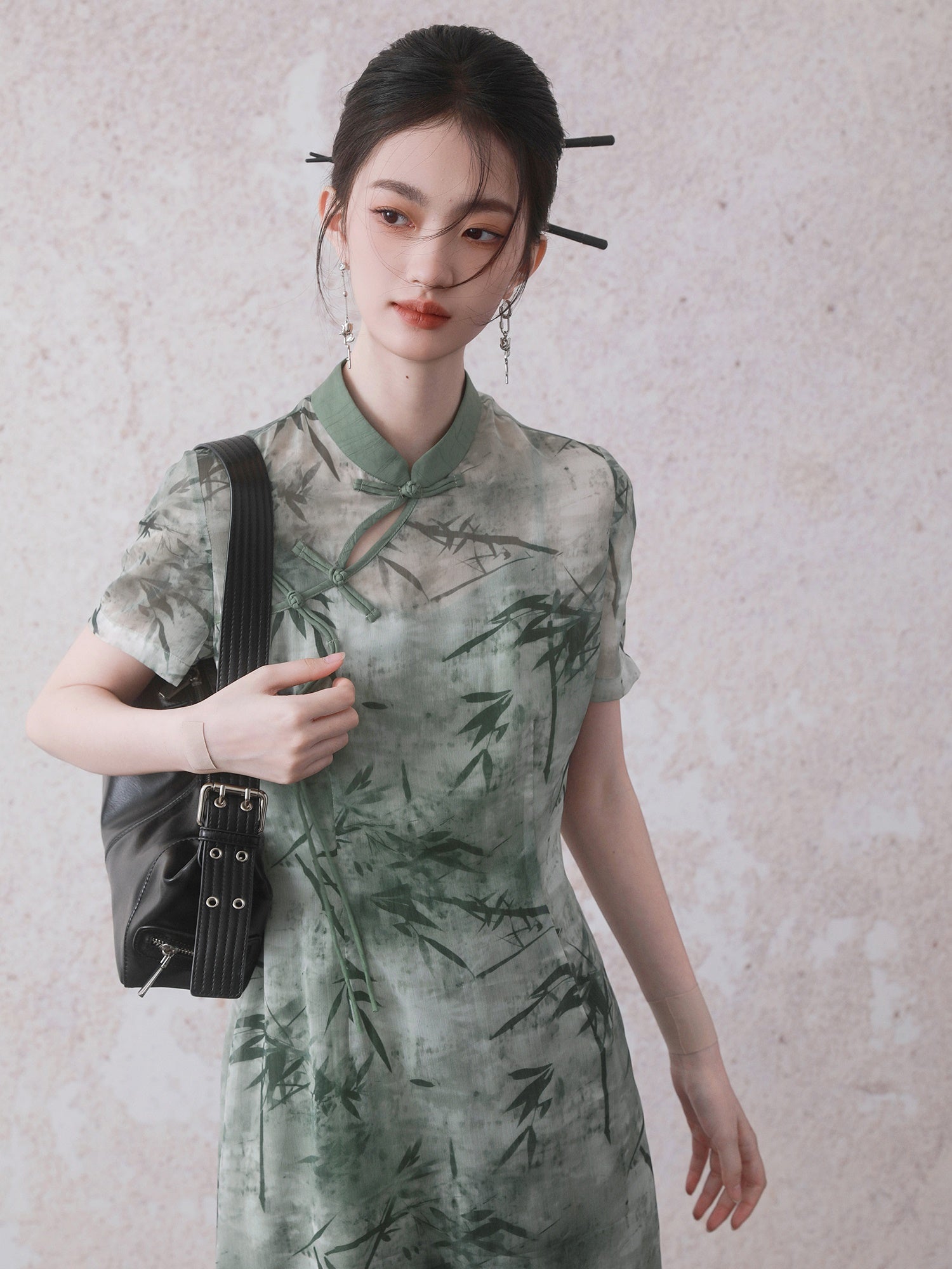 Chinese Style Bamboo Leaf Print Long Shirt & Camisole One-piece Set-up