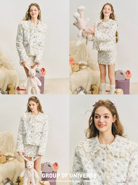 Veste matelassée en dentelle florale et jupe courte