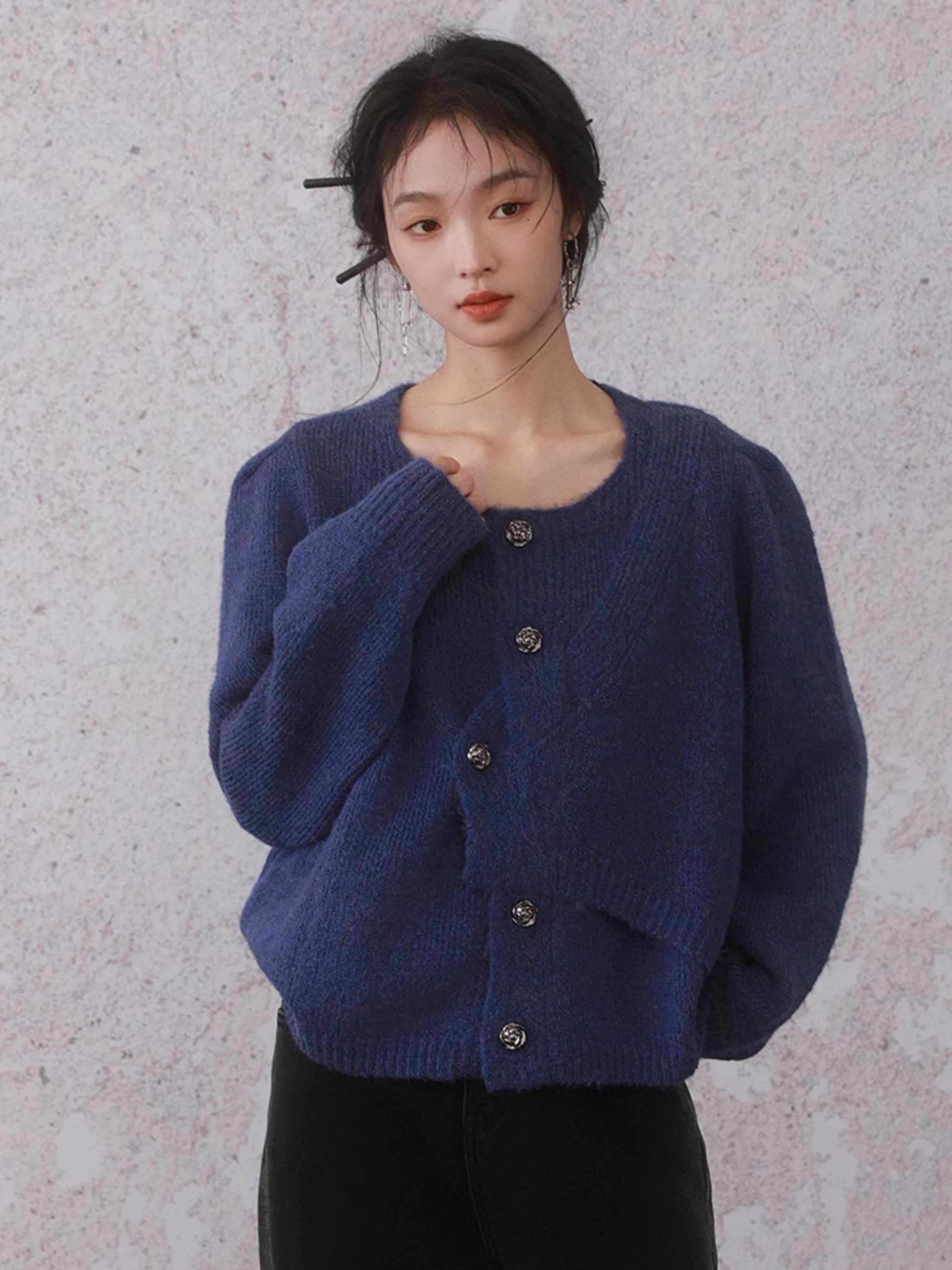 Irregular Button Round Neck Knitted Cardigan