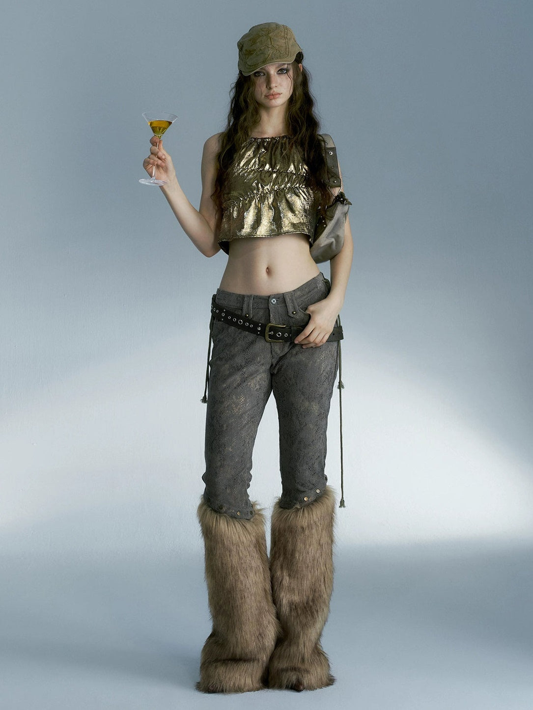 Removable Fur Splicing Snake Pattern Cropped Pants