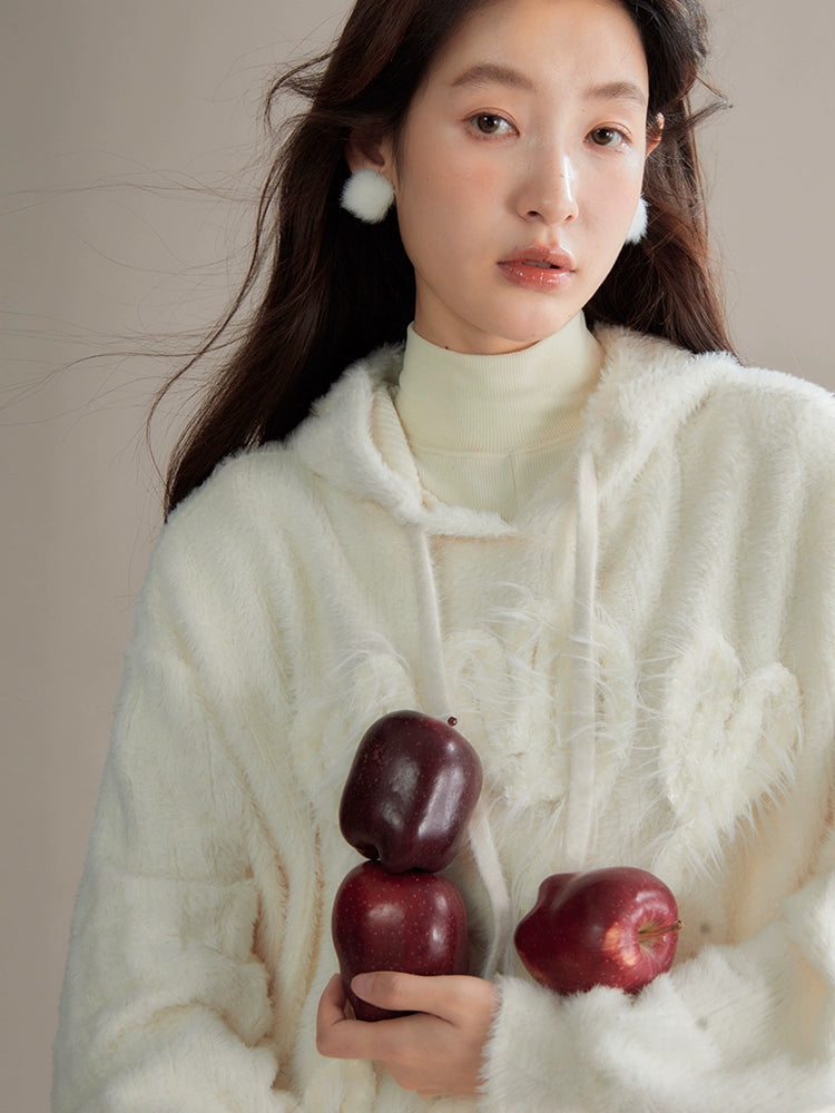 Tulip Hand Embroidery Fluffy Knitted Hooded Top
