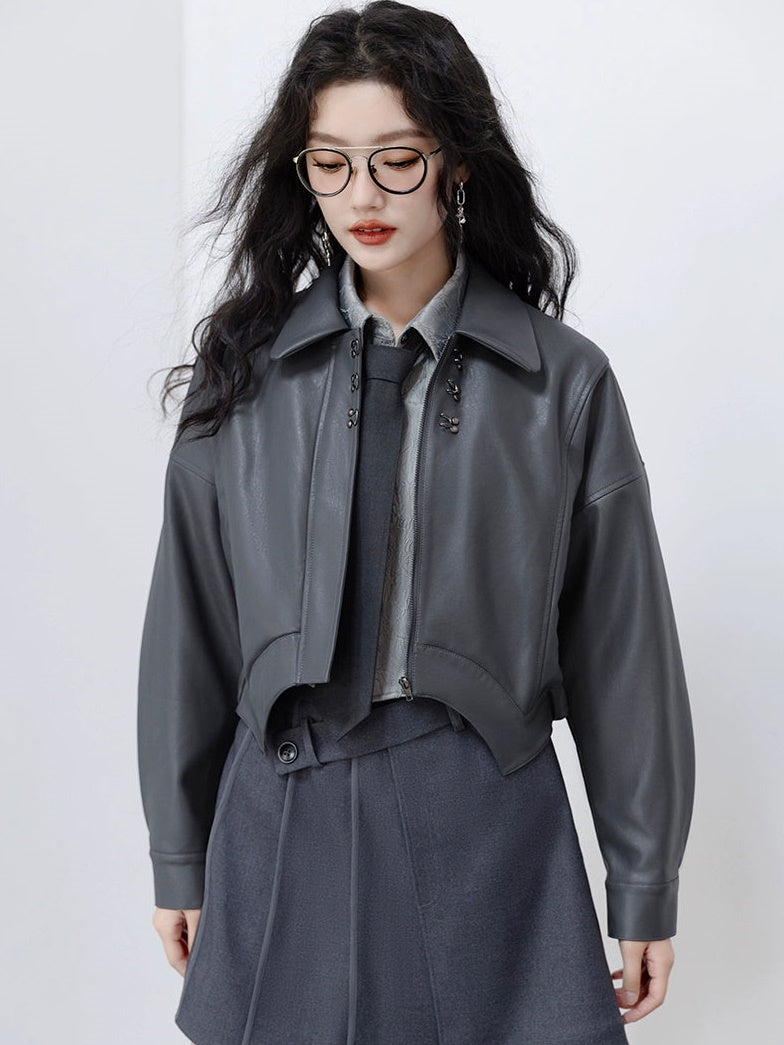 불규칙한 밑단 가죽 오토바이 재킷