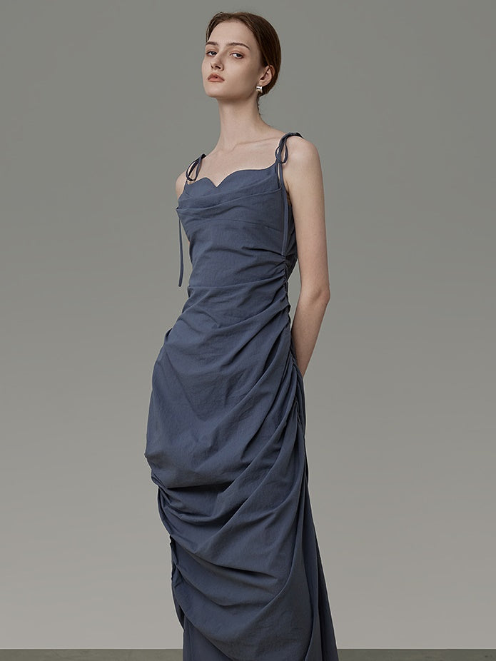 Curved Neckline Drape Suspender Dress