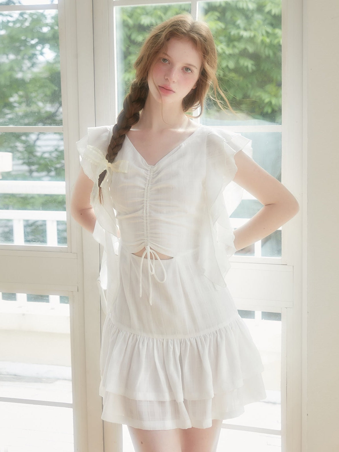 Plaid Drawstring Frill Sleeve Short Dress