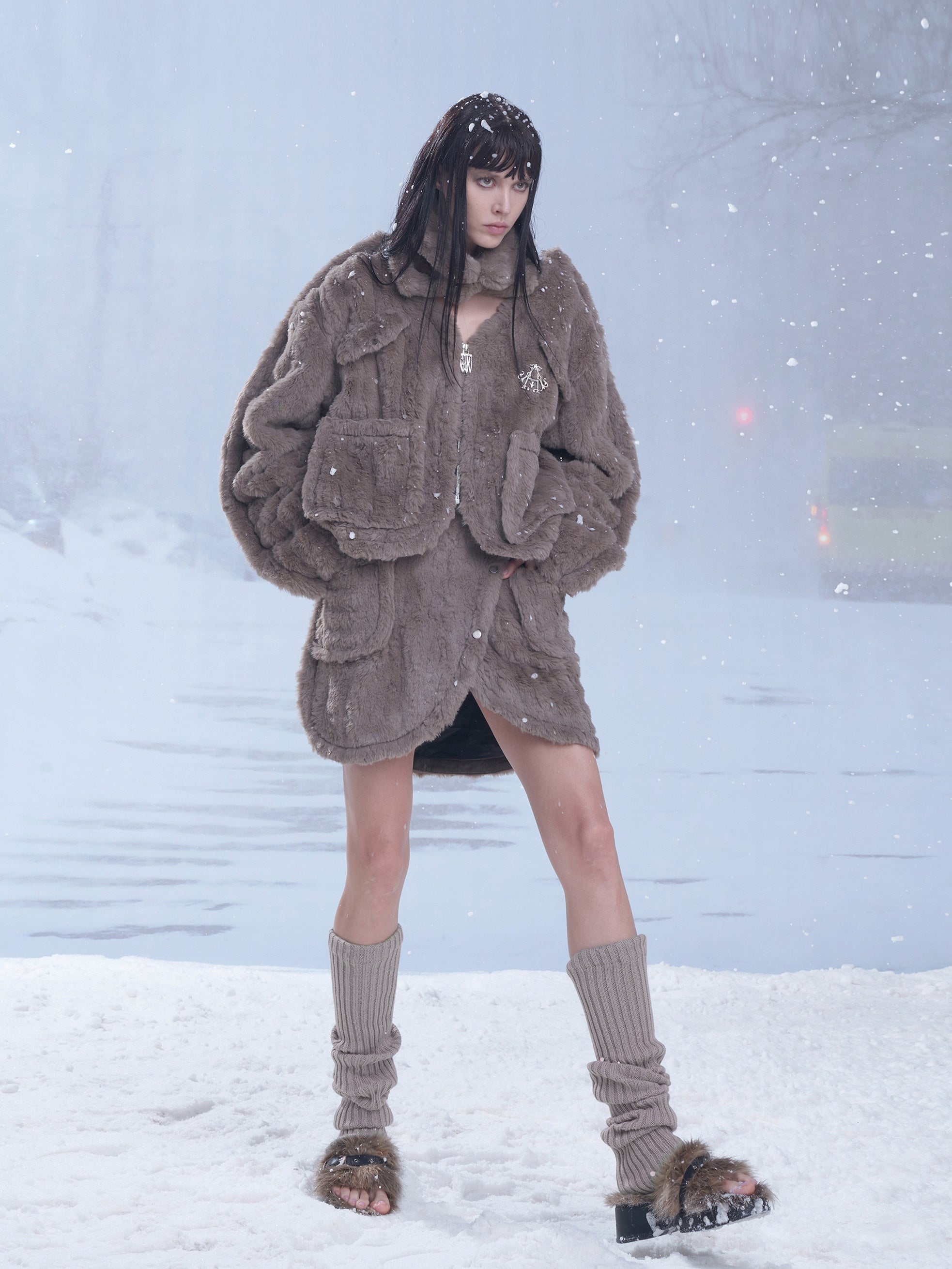 Fluffy Removable Collar Short Jacket & Wrap Design Skirt