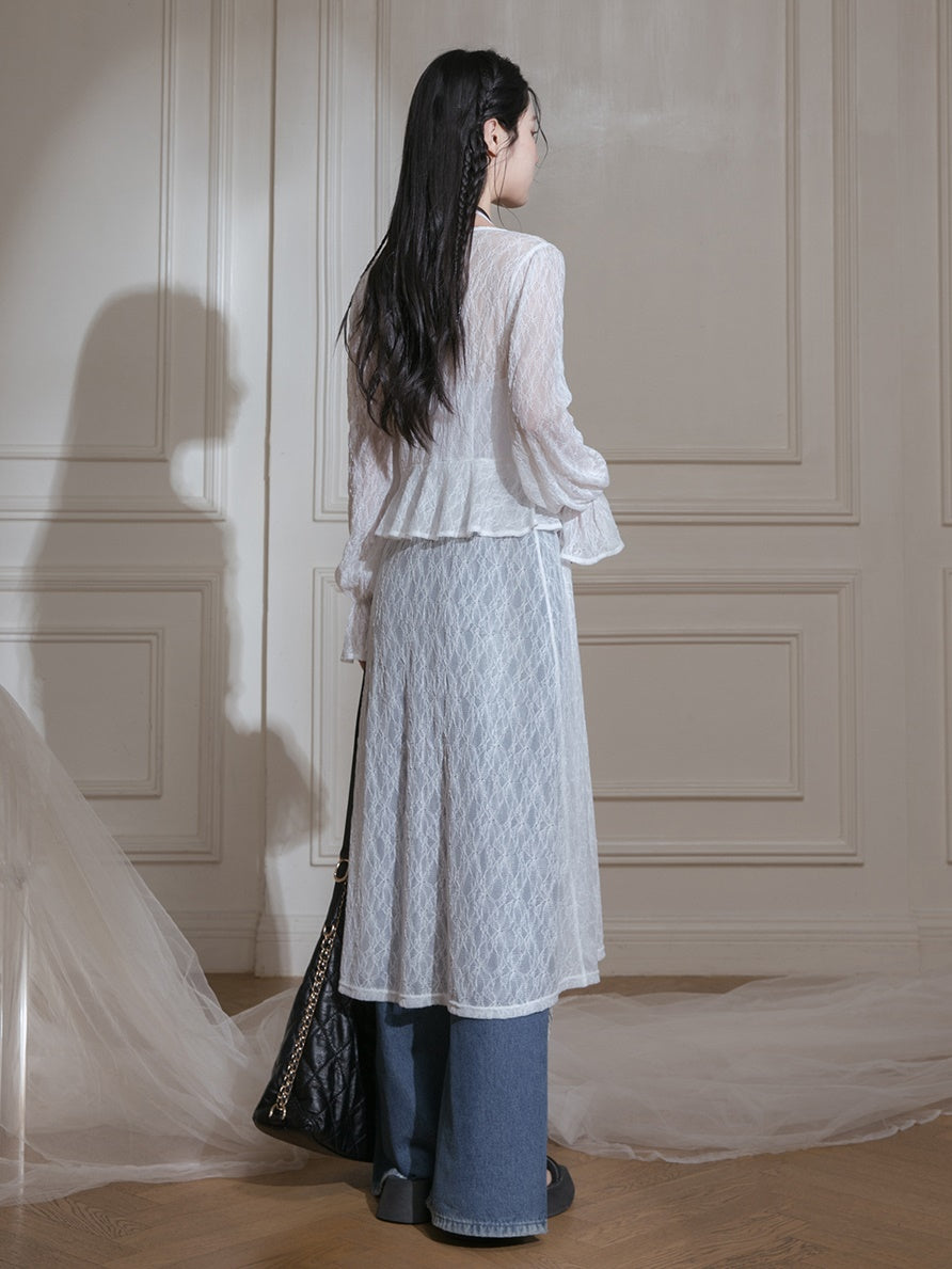 Lace V-neck Sheer Dress & Halter-neck Camisole Set-up