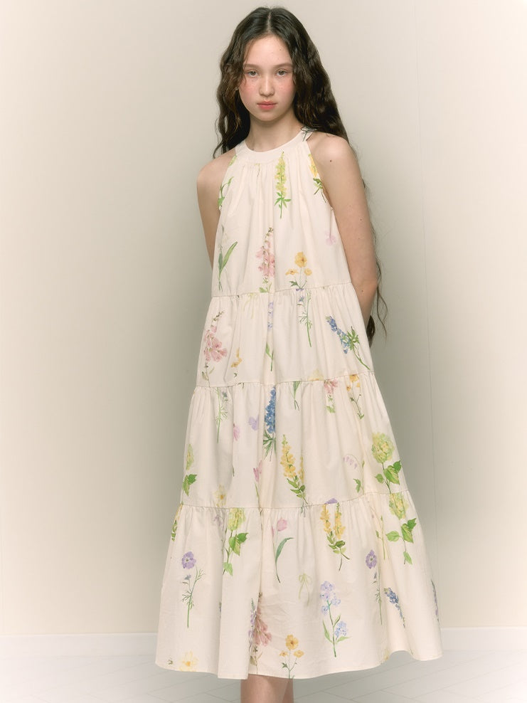 French Retro Girly Print Pleated A-line Halterneck Long Dress