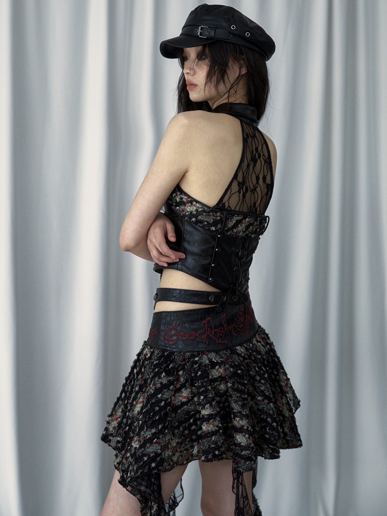 Stitching Embroidered Skirt & Lace Stitch Leather Tube Top