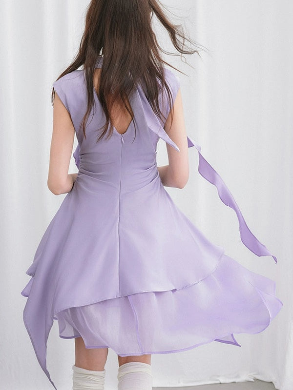 Backless Panelled Gauze Waist Streamers Irregular Midi Dress