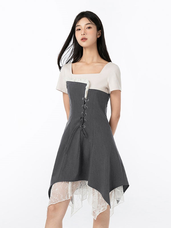 가짜 레이어 층 불규칙한 밑단 레이스 업 드레스