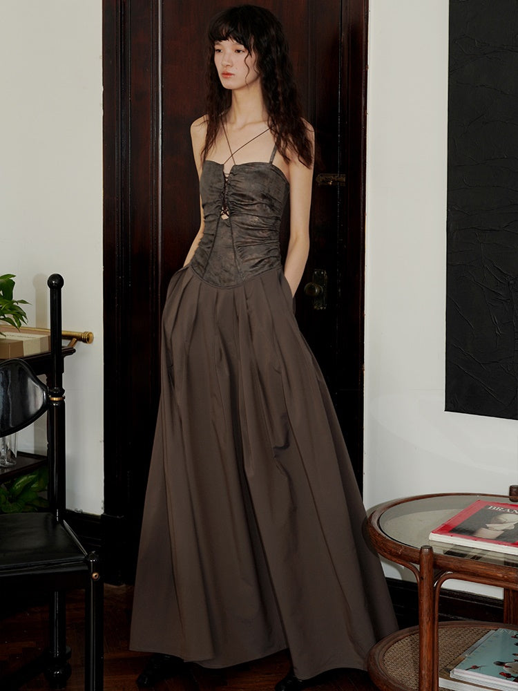 Polarized Faux Leather Hollow Suspender Long Dress