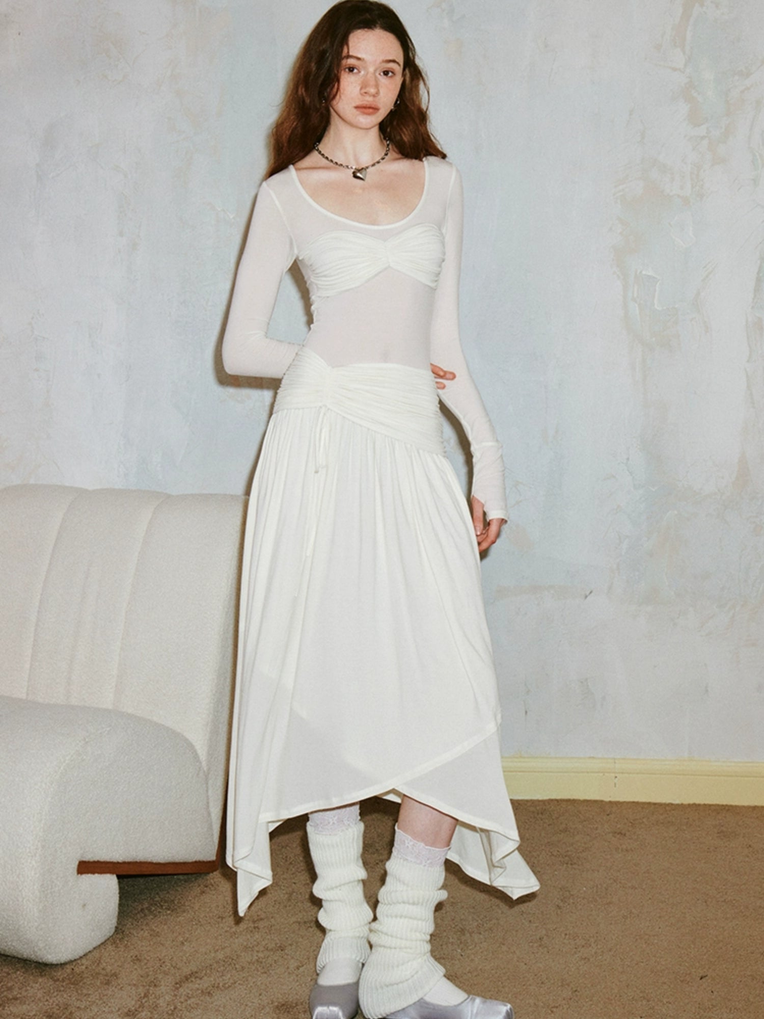 Classic Pleated Stitch Long-sleeved Sheer Dress