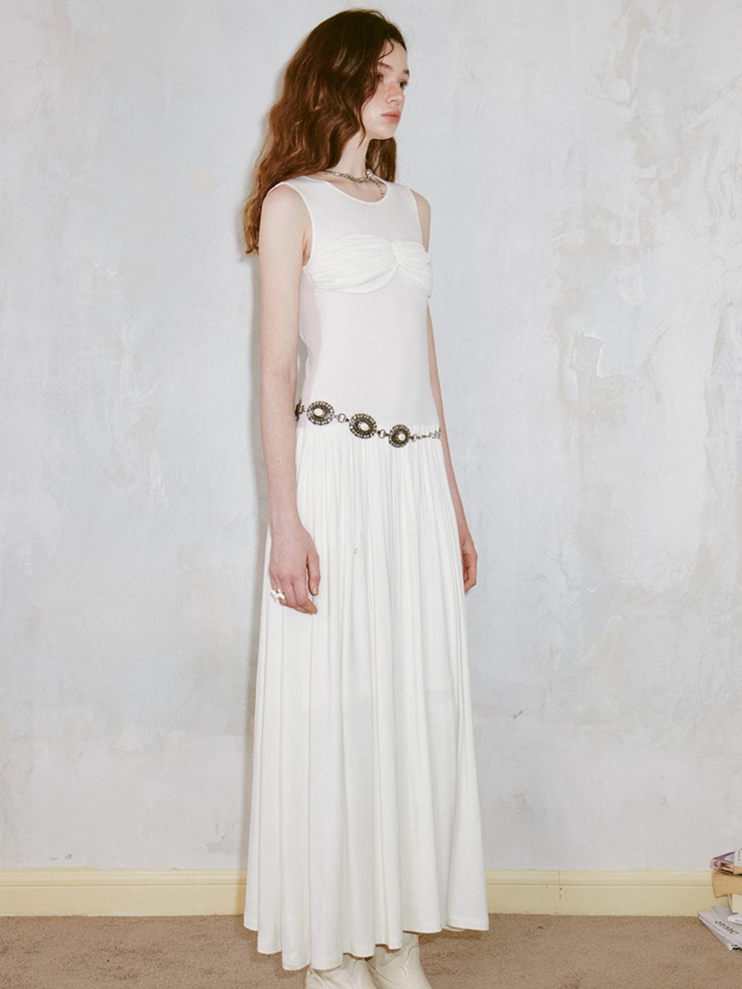 Pleated Draped Sheer Sleeveless Long Dress