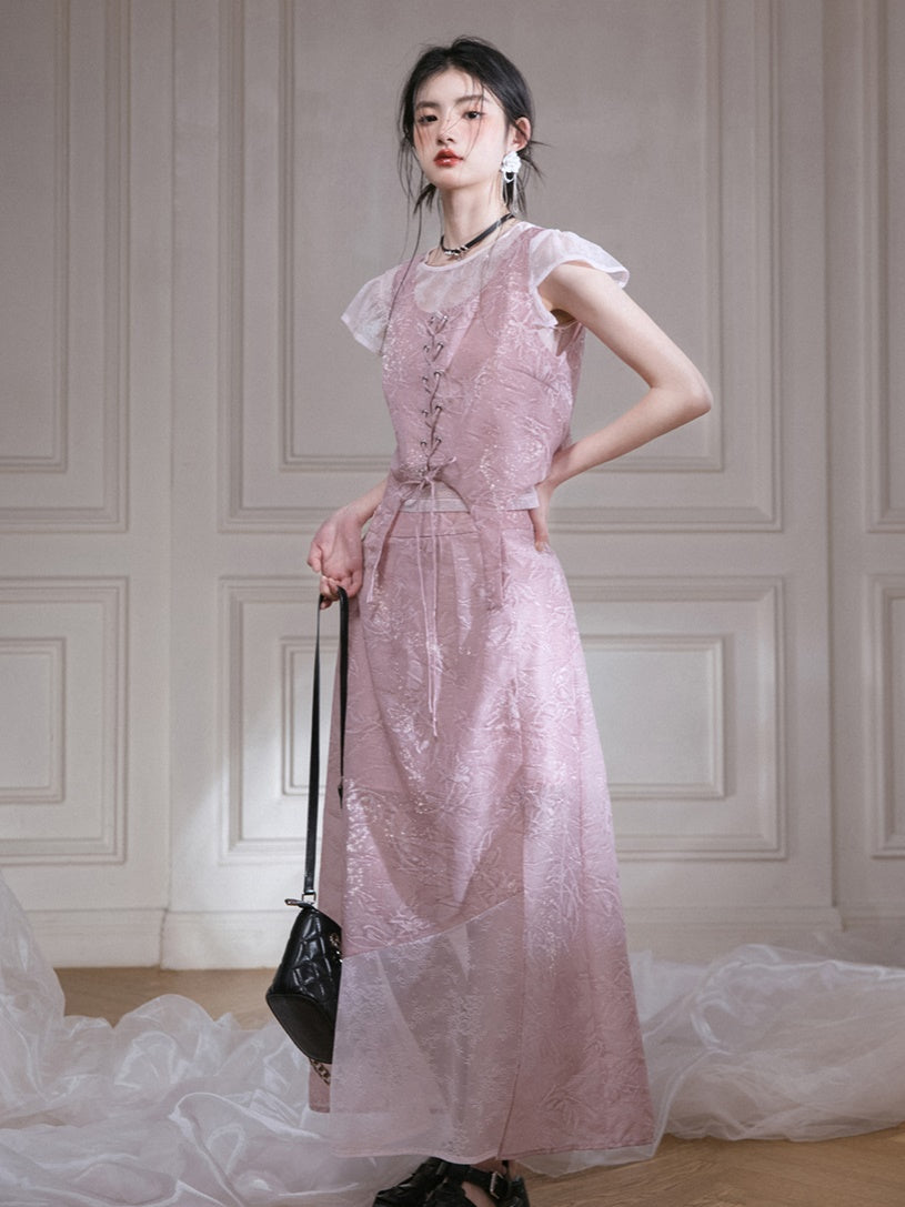 Small Flying Sleeve T-Shirt & Embossed Lace-Up Vest Setup & Long Skirt