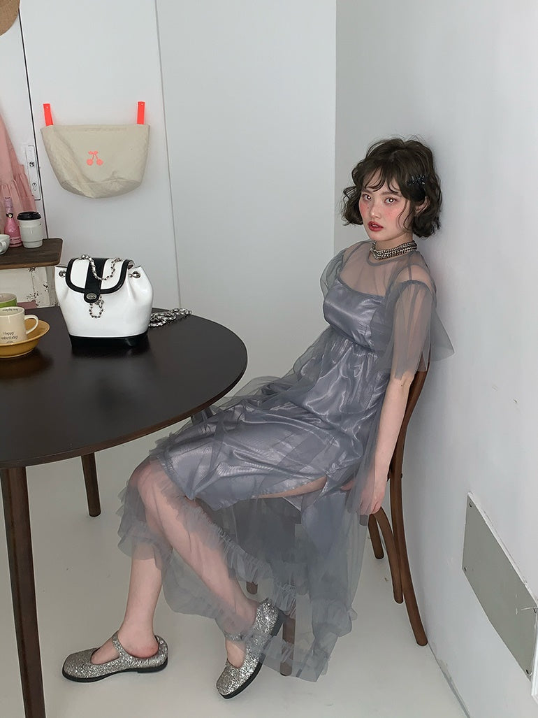 Mesh backless Strap Dress & Fairy Sling Skirt Set-UP