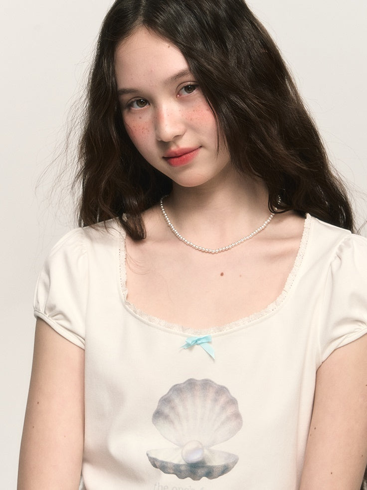 Shell Letter Print Puff Sleeve T-shirt