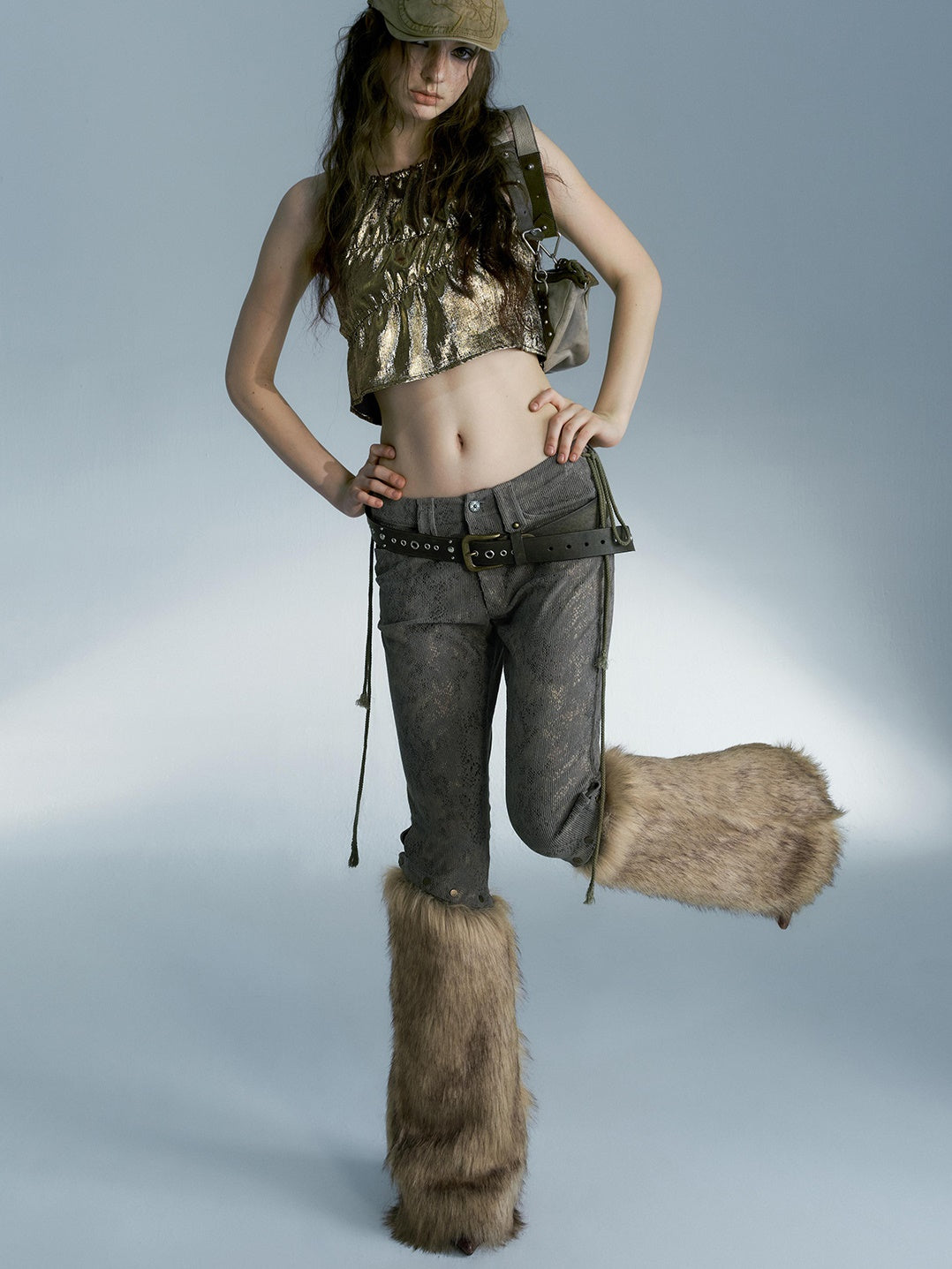 Removable Fur Splicing Snake Pattern Cropped Pants