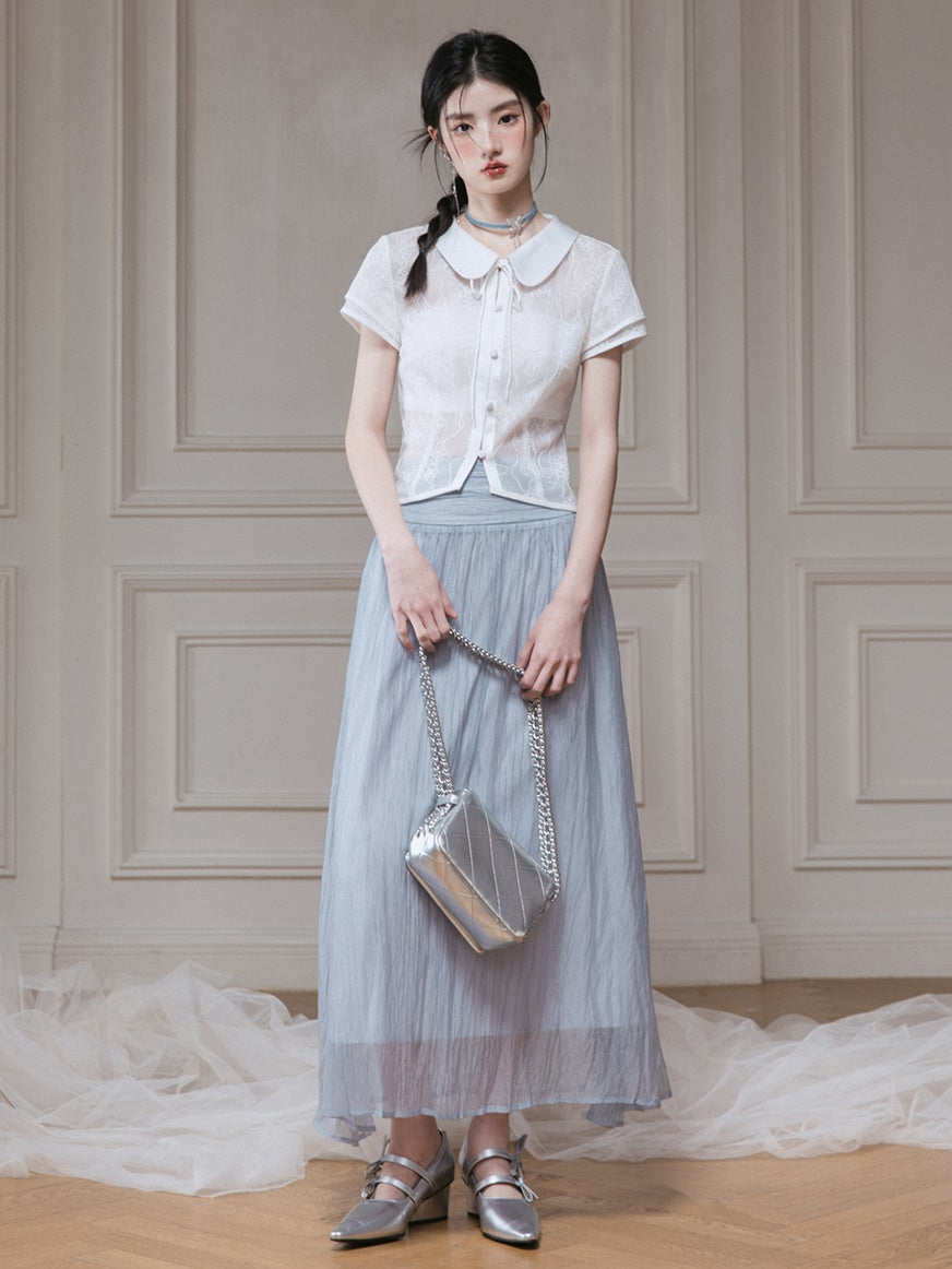 Frill Stitch U-neck Vest & Gauze Long Skirt Set-up