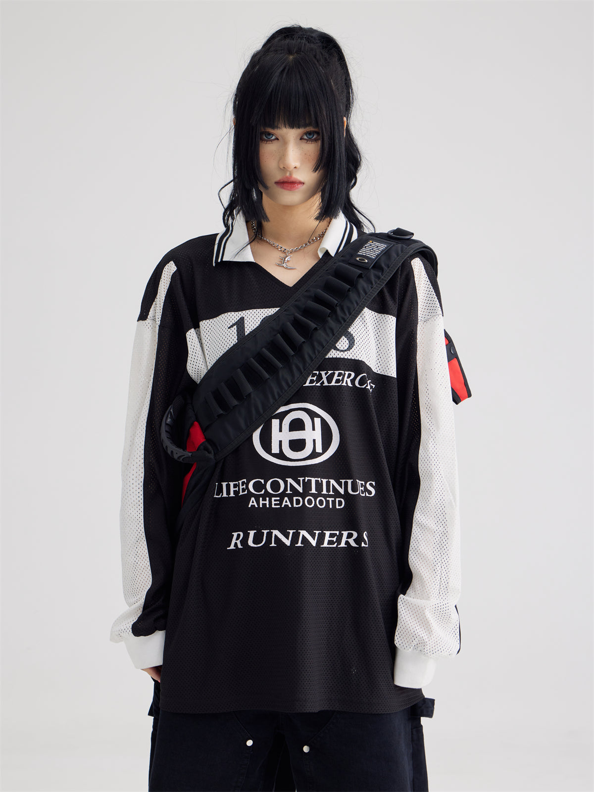 Polo Collar Mesh Print Long-sleeved T-shirt