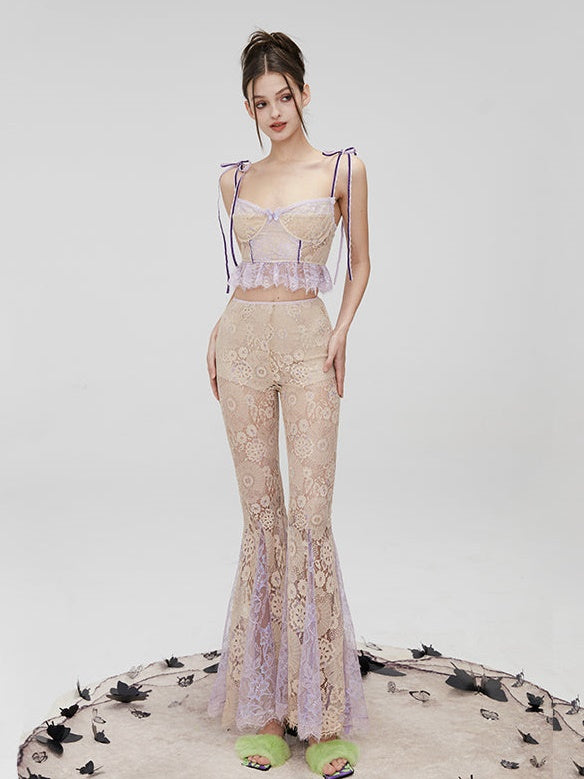Lace Contrast Color Stitching Bra & Bell Bottoms