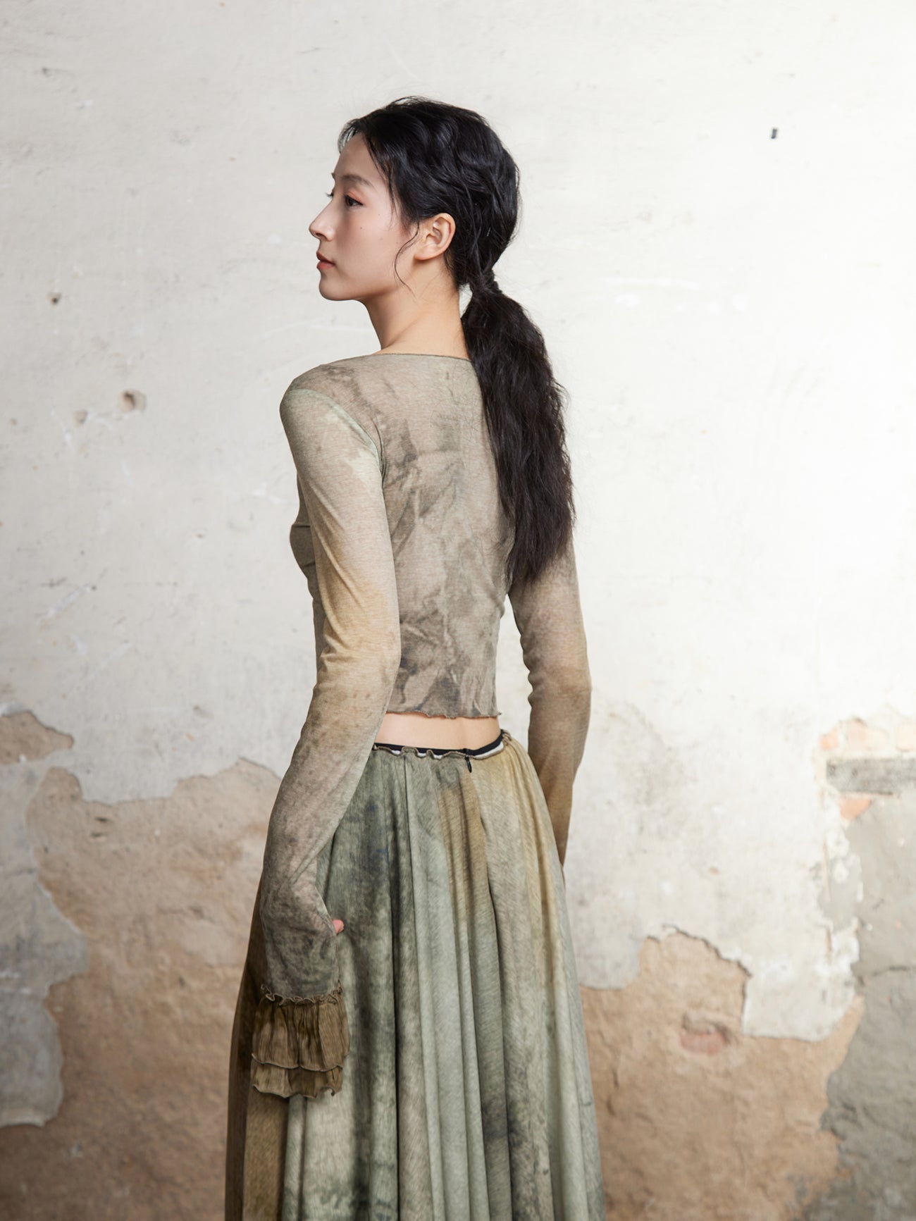 Thin Plant Print Long-sleeved Lace T-shirt