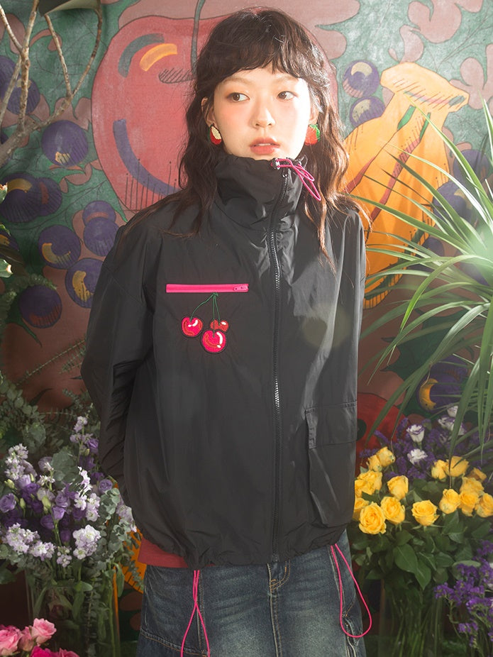 Cherry Embroidery Loose ZIPUp Jacket
