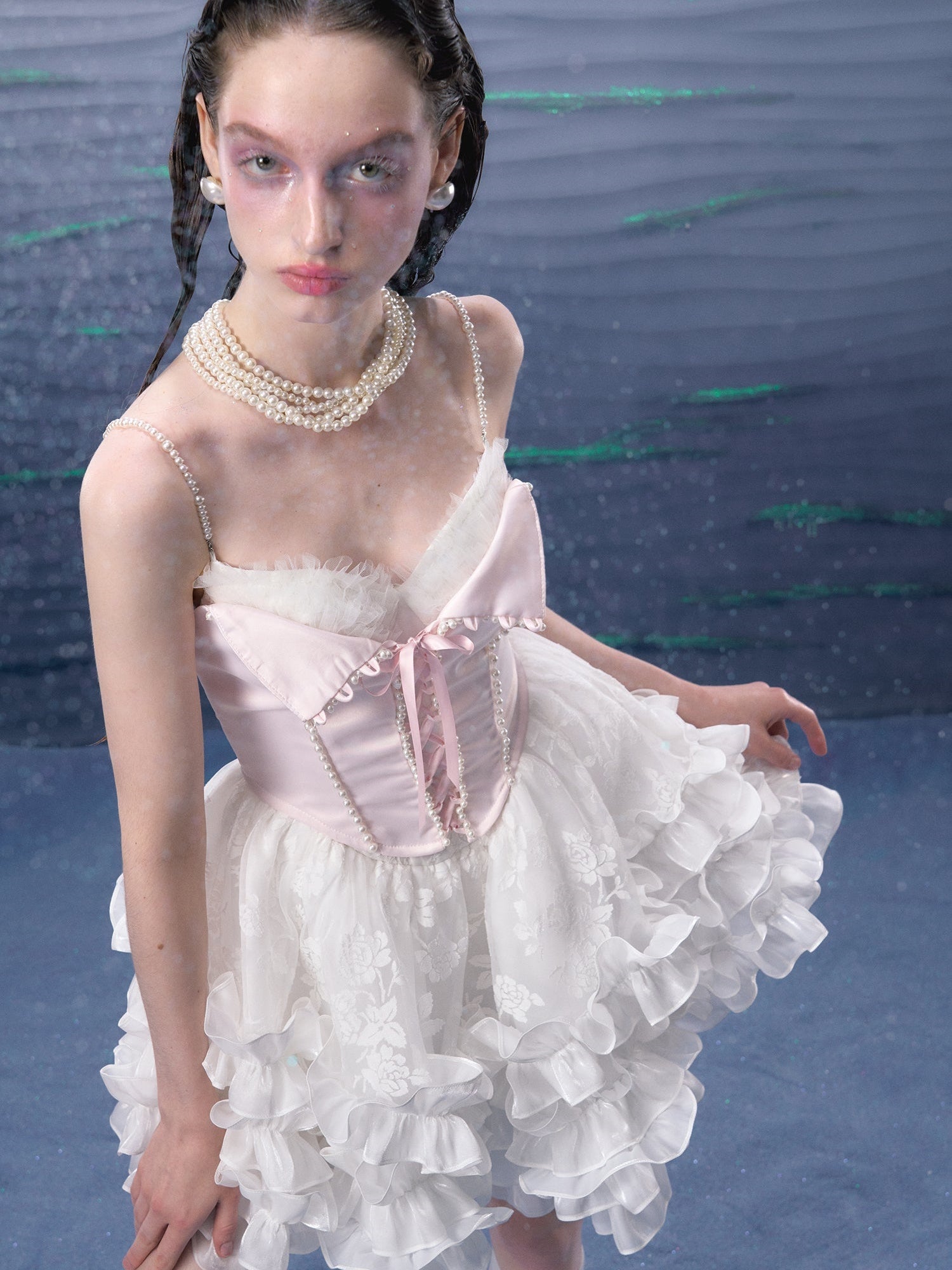 Organza Puffy Suspender Dress & Pearl Corset