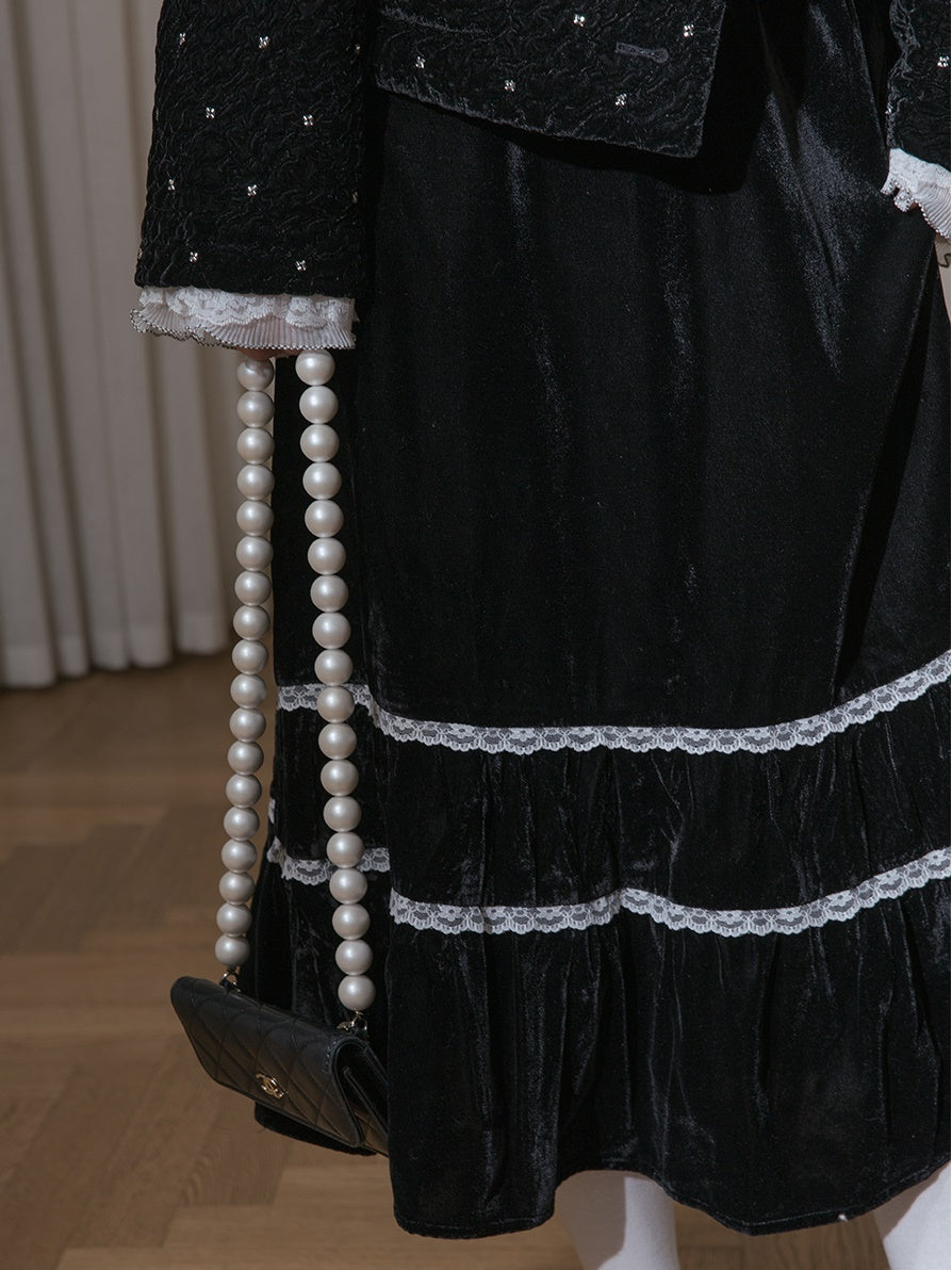 Velvet Bead-flower Short Jacket & Lace Stitch Cake Skirt