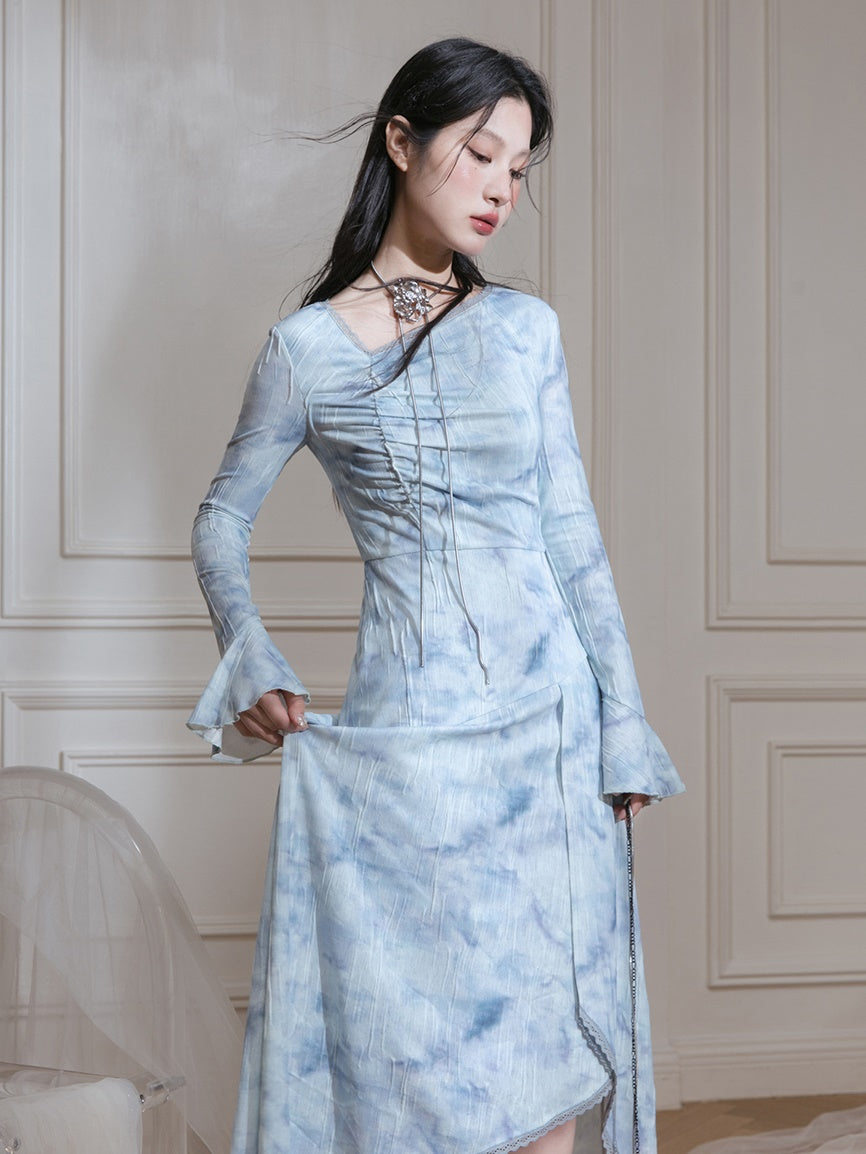 번지 인쇄 스트레치 타이트 드레스